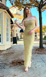Load image into Gallery viewer, Gold Ruched Chiffon Dress
