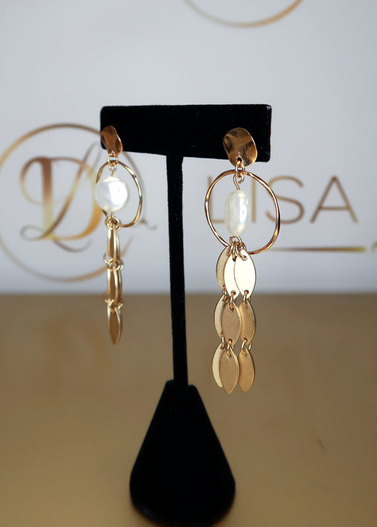 Pearl & Brushed Gold Dangle Earrings