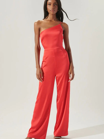 Red One Shoulder Satin Jumpsuit