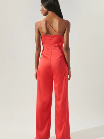 Red One Shoulder Satin Jumpsuit