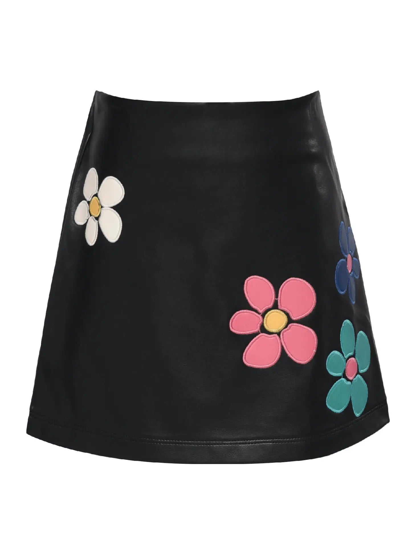 A line flower black leather skirt