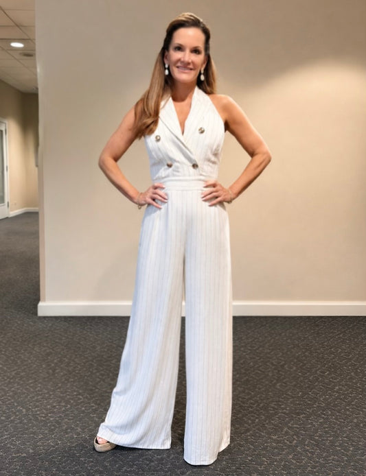 halter pinstripe jumpsuit