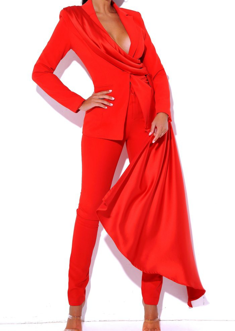 Red Draping Blazer Suit