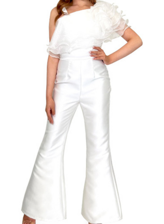 Women's White Satin Ruffle Jumpsuit