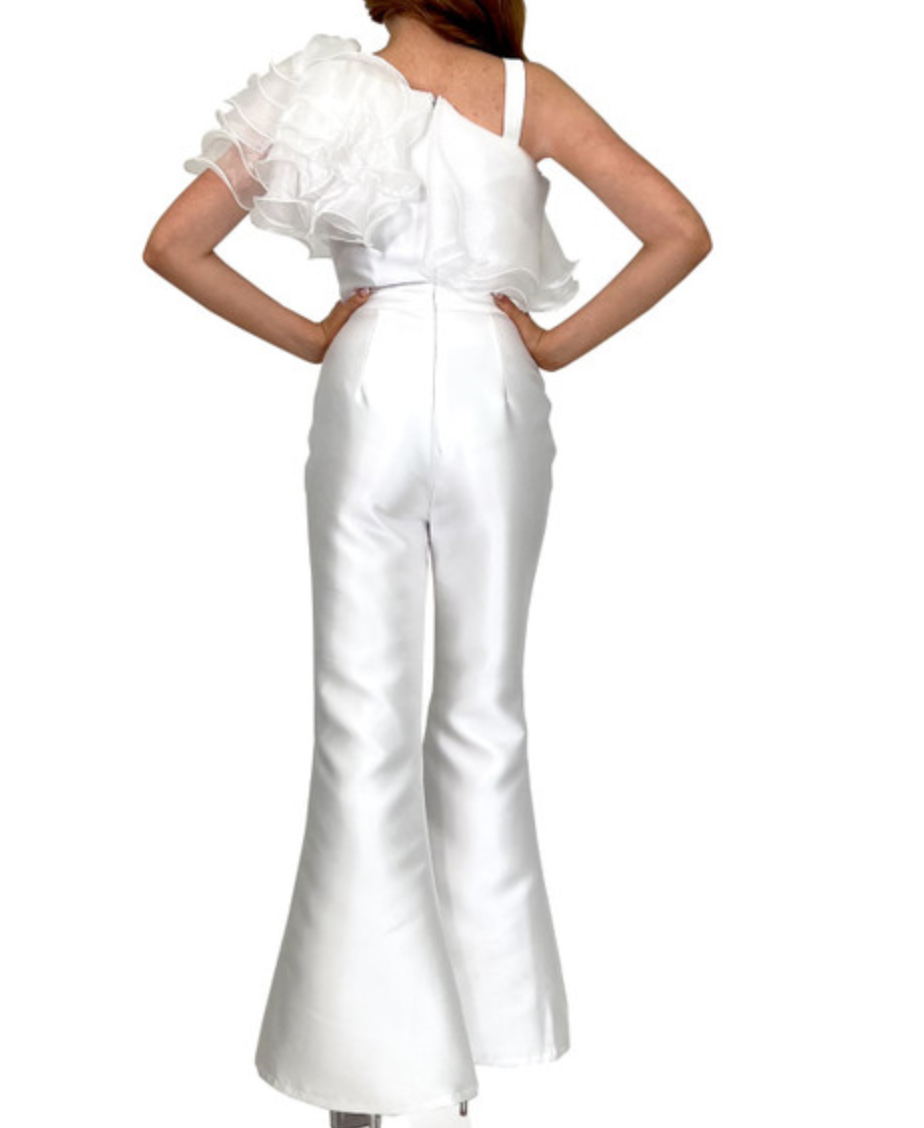 Women's White Satin Ruffle Jumpsuit