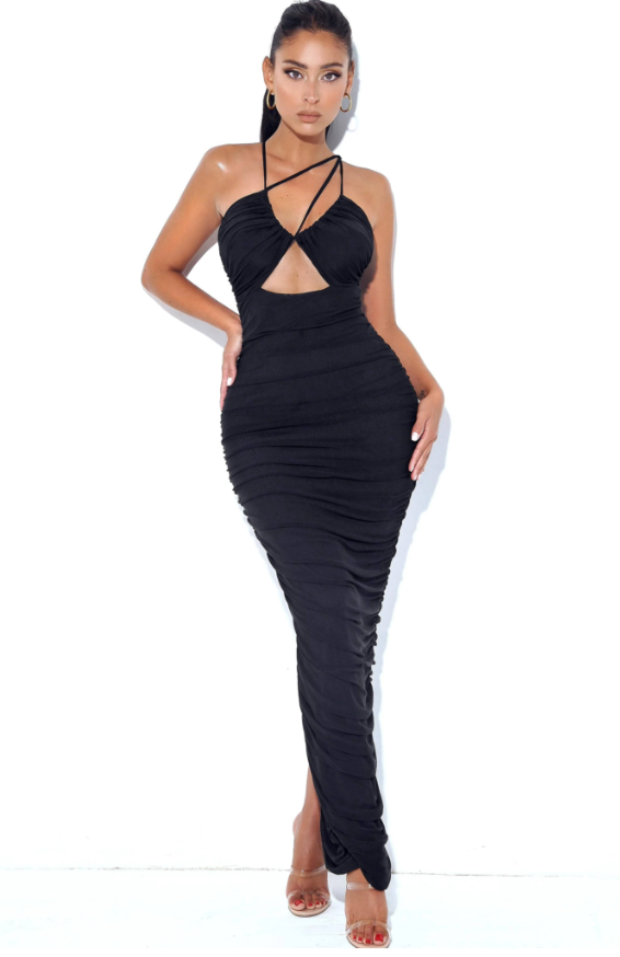 Black Strappy Lined Mesh Cutout Maxi Dress