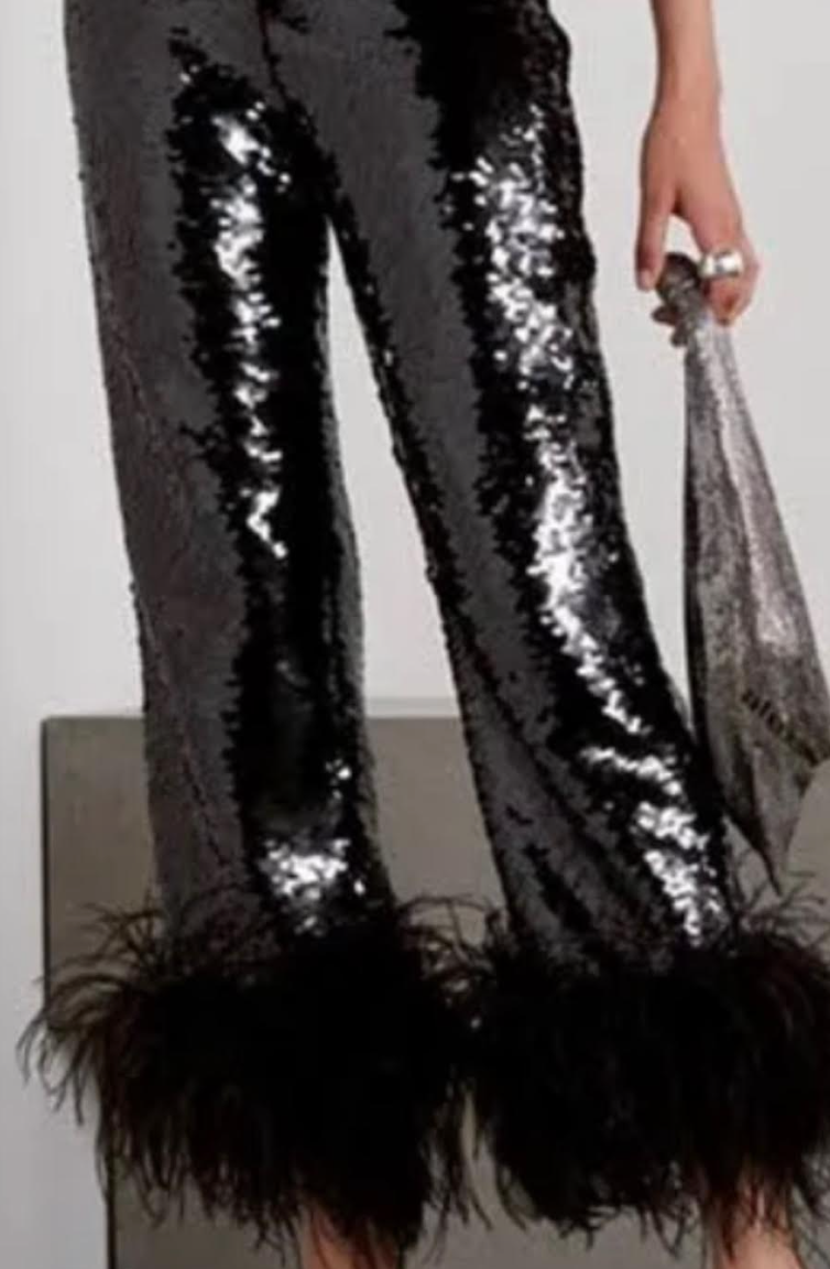 Black Sequin Feather Trim Pant