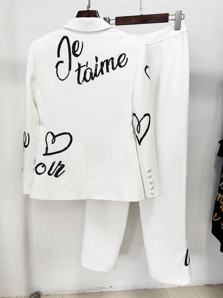 OL13 Embroidered Letter Sequin Blazer Pants Set Chic