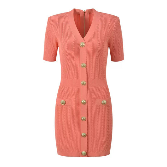 DR483Y V-neck Slim Fit Knitted Dress with Gold Buttons