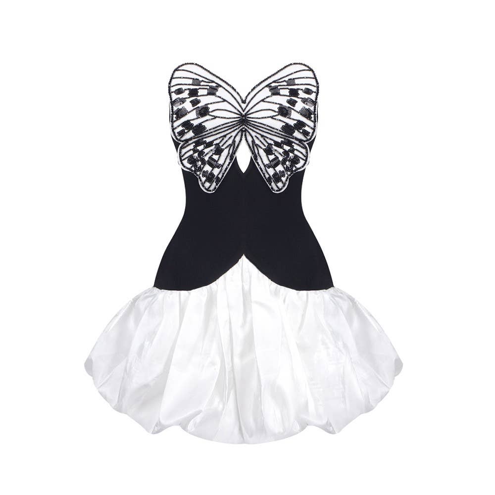 DR721 Contrast Butterfly Embroidery High Waist Mini Dress
