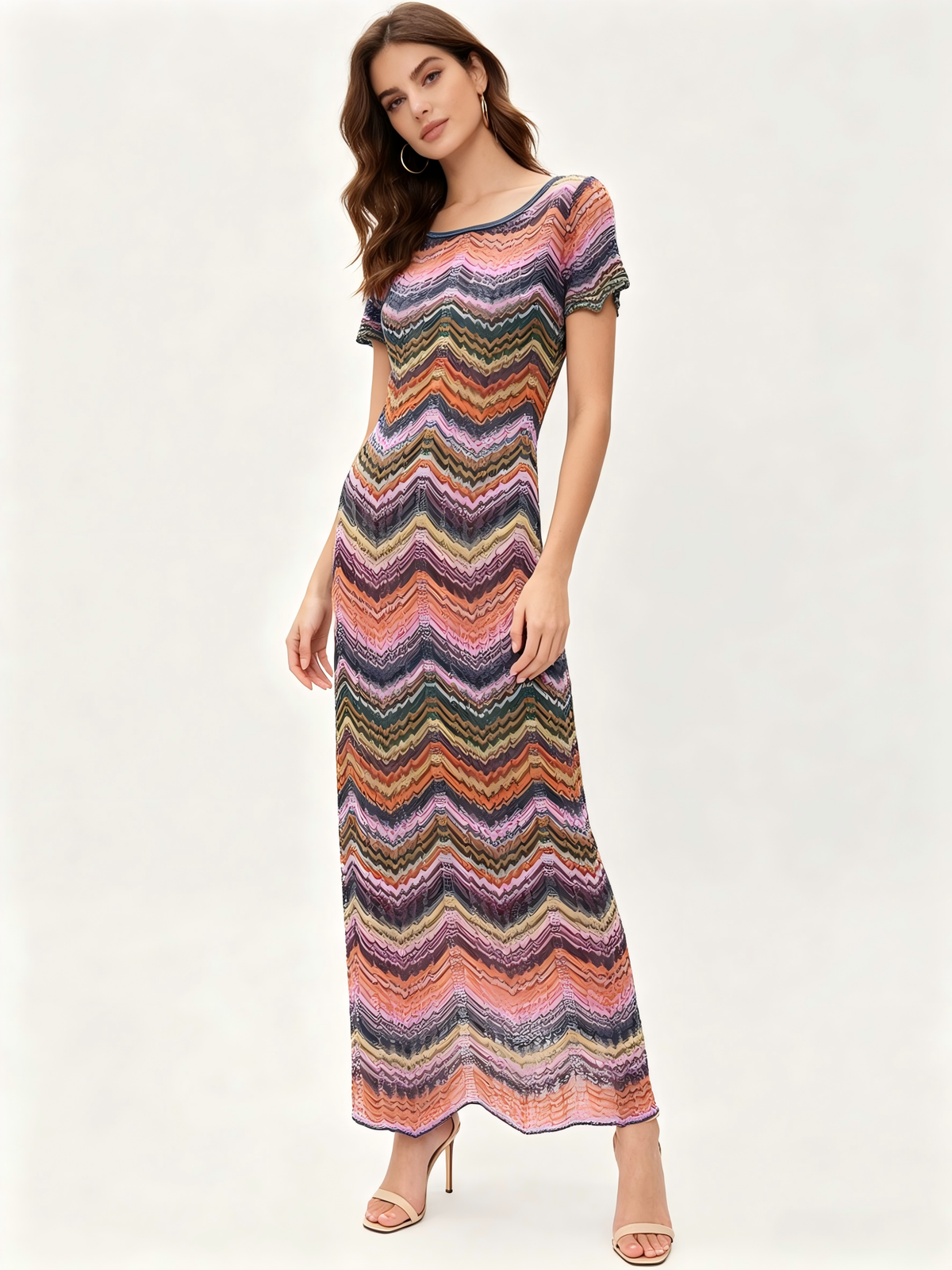 Colorblock Chevron Knit Maxi Dress Elegant Chic Fit