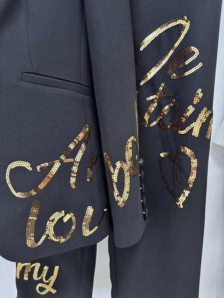 OL13 Embroidered Letter Sequin Blazer Pants Set Chic