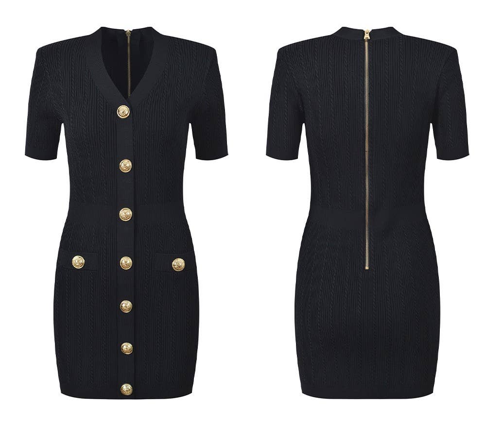 DR483Y V-neck Slim Fit Knitted Dress with Gold Buttons