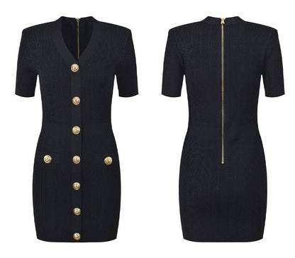 DR483Y V-neck Slim Fit Knitted Dress with Gold Buttons