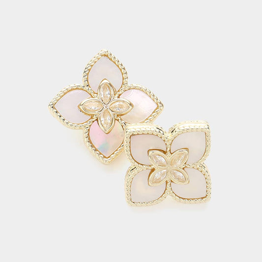 14K Gold Plated Mother Of Pearl Quatrefoil Studs