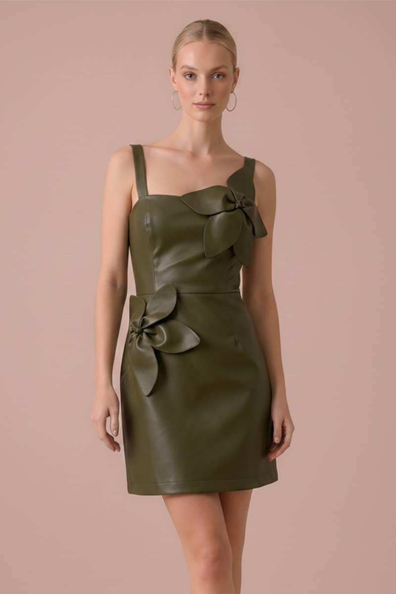 FLOWER APPLIQUE FAUX LEATHER MINI DRESS