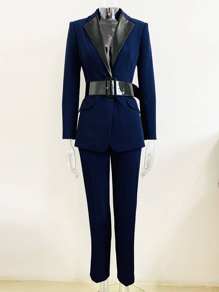 Leather Collar Mid-Length Suit & Pants Set