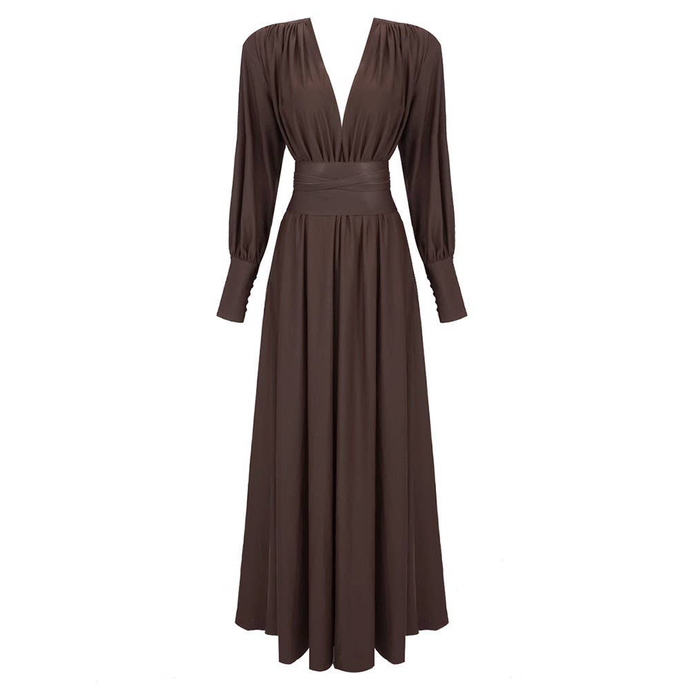 DR316 Elegant Chocolate Gathered Waist Maxi Dress