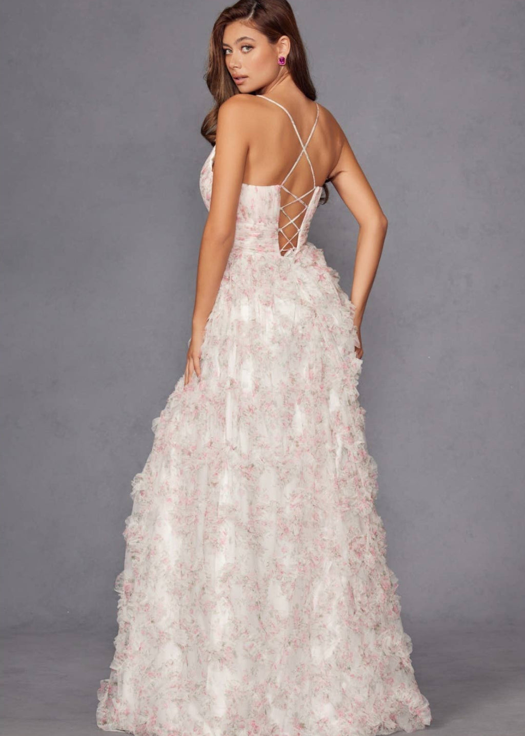 Juliet A-Line Ruffle Print Gown