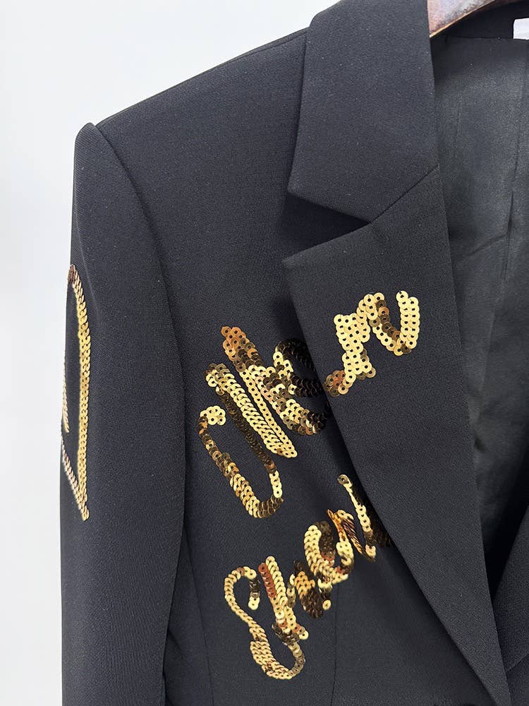 OL13 Embroidered Letter Sequin Blazer Pants Set Chic