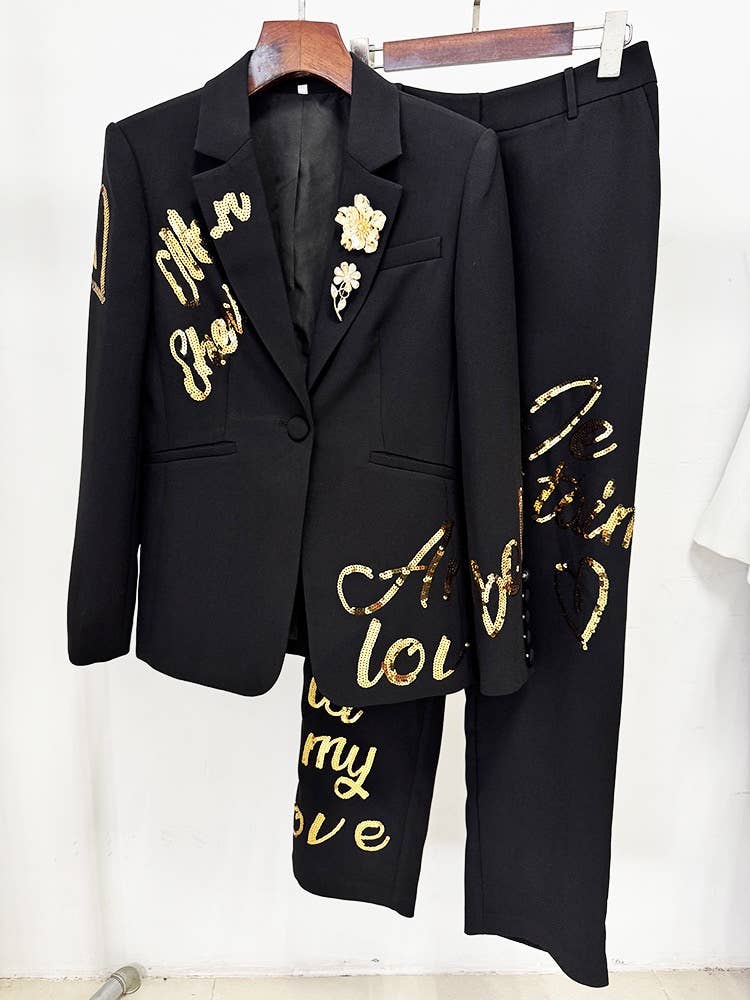 OL13 Embroidered Letter Sequin Blazer Pants Set Chic