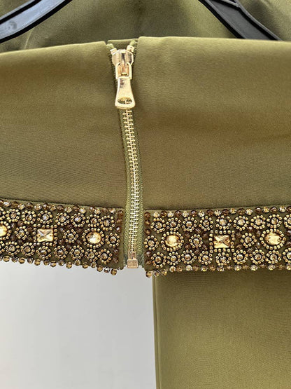 Olive Beaded Halter Maxi Skirt Set