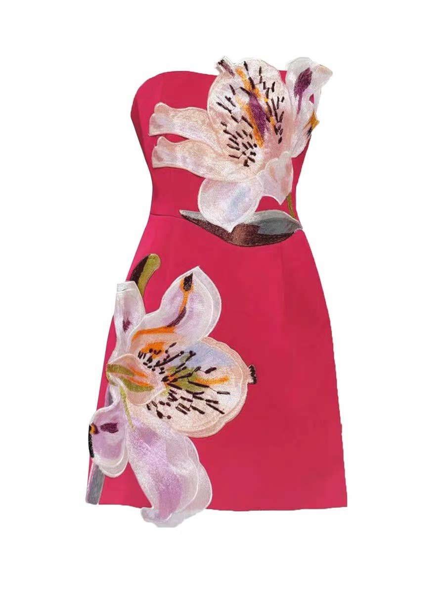 DR840Y Luxury 3D Floral Applique Strapless Mini Dress Chic