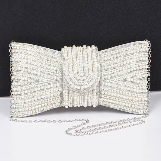 Gold Rhinestone and Pearl Bow Clutch