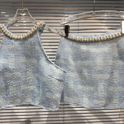DY29 Pearl Trim Tweed Halter Top Skirt Set Chic Look
