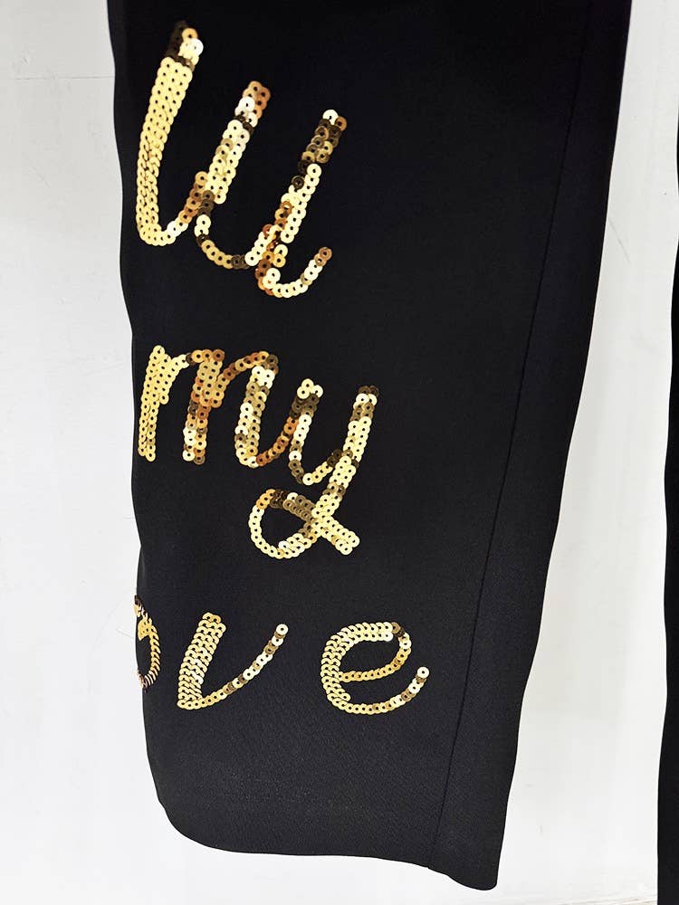 OL13 Embroidered Letter Sequin Blazer Pants Set Chic