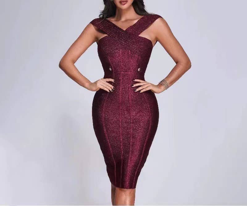 Elegant One-Shoulder Gold Silk Midi Dress with Silver: Burgundy / English / S