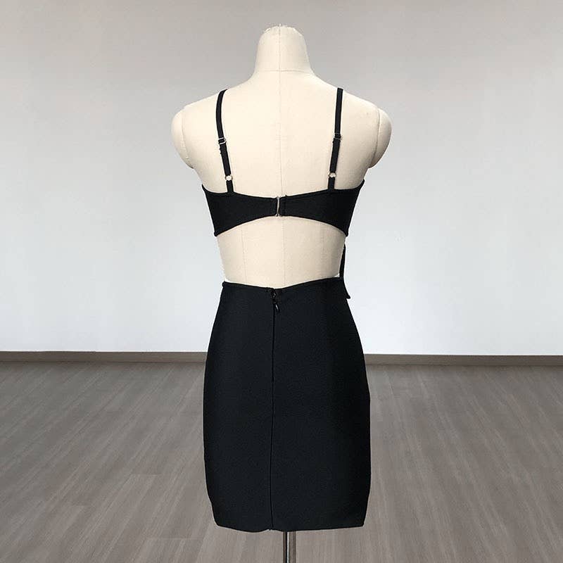 DR759 Noir Petal Cutout Bandage Dress with Sculpted Detail