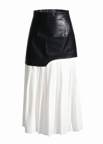 Vegan Leather & Pleat Contrast Midi Skirt