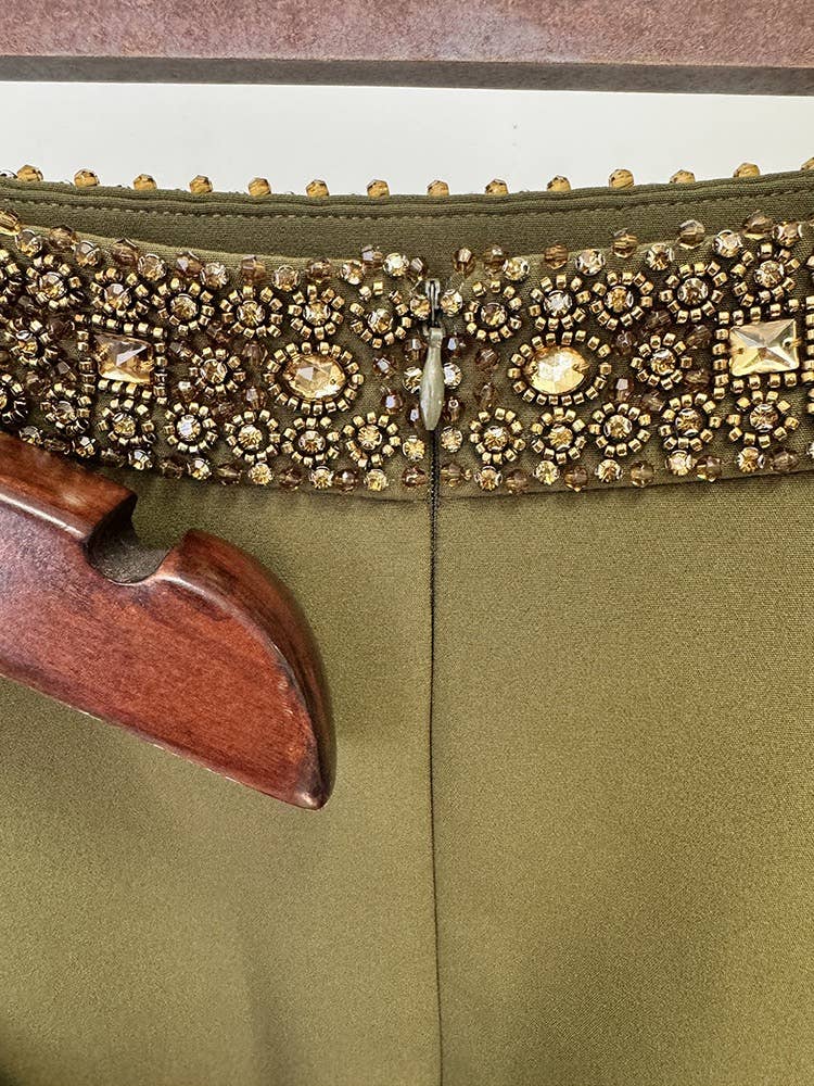 Olive Beaded Halter Maxi Skirt Set