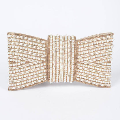 Gold Rhinestone and Pearl Bow Clutch
