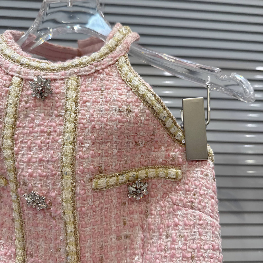 Pink Tweed Halter Mini Dress Crystal Button Chic