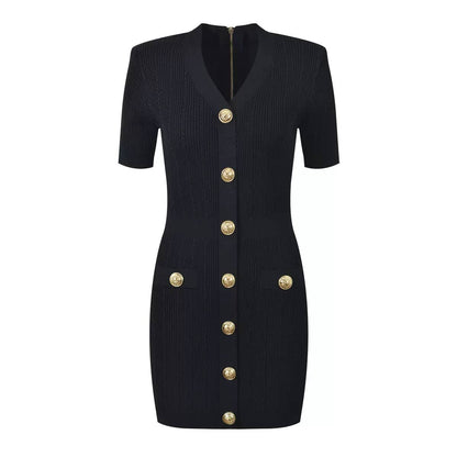 DR483Y V-neck Slim Fit Knitted Dress with Gold Buttons