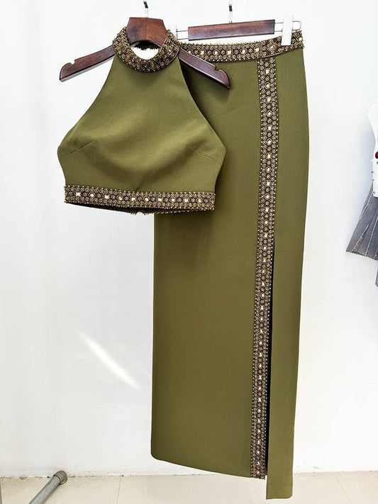 Olive Beaded Halter Maxi Skirt Set