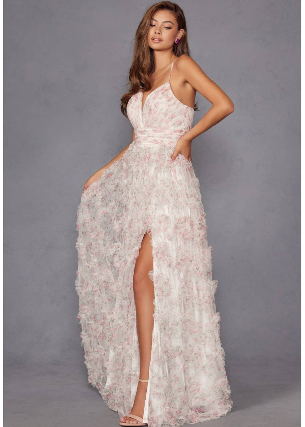 Juliet A-Line Ruffle Print Gown
