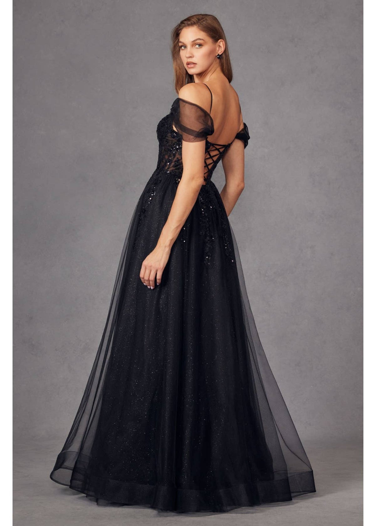 Black Sequin Corset Tulle Gown