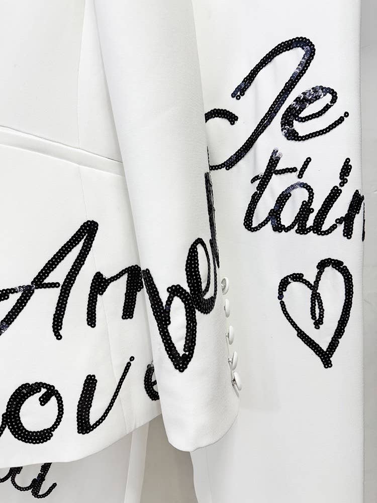 OL13 Embroidered Letter Sequin Blazer Pants Set Chic