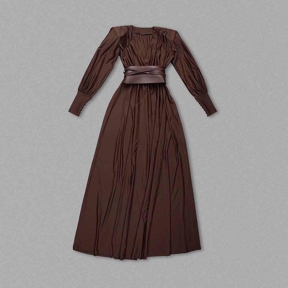 DR316 Elegant Chocolate Gathered Waist Maxi Dress