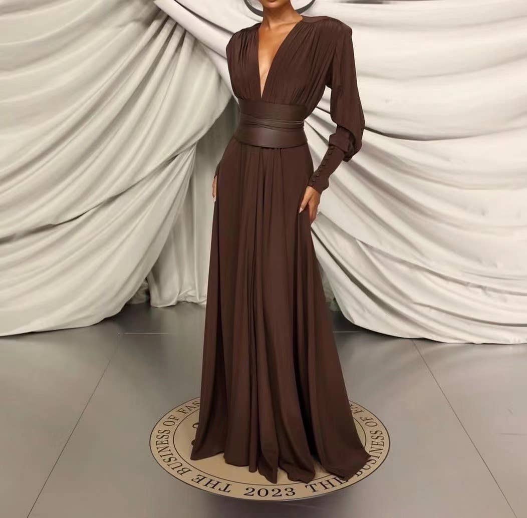 DR316 Elegant Chocolate Gathered Waist Maxi Dress