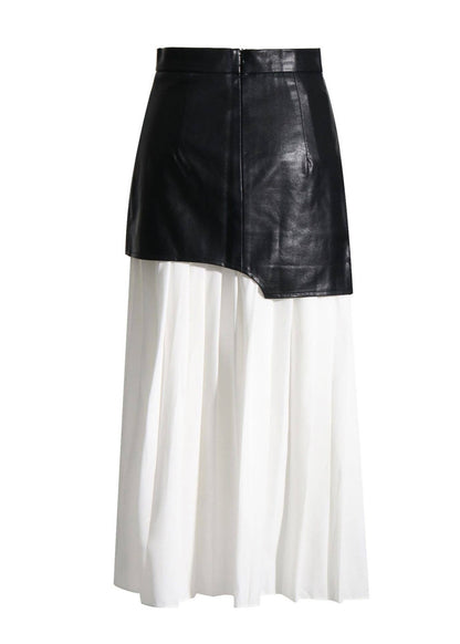 Vegan Leather & Pleat Contrast Midi Skirt