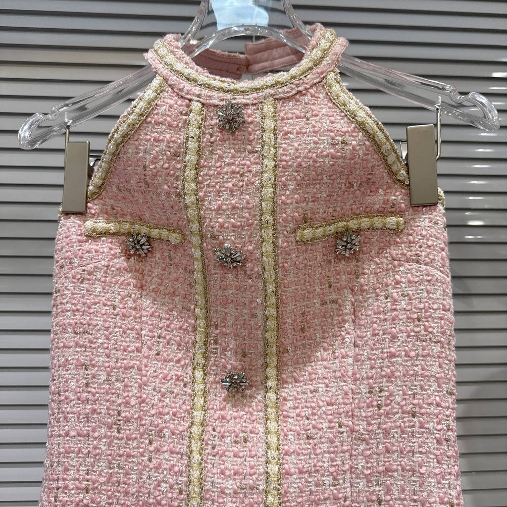 Pink Tweed Halter Mini Dress Crystal Button Chic