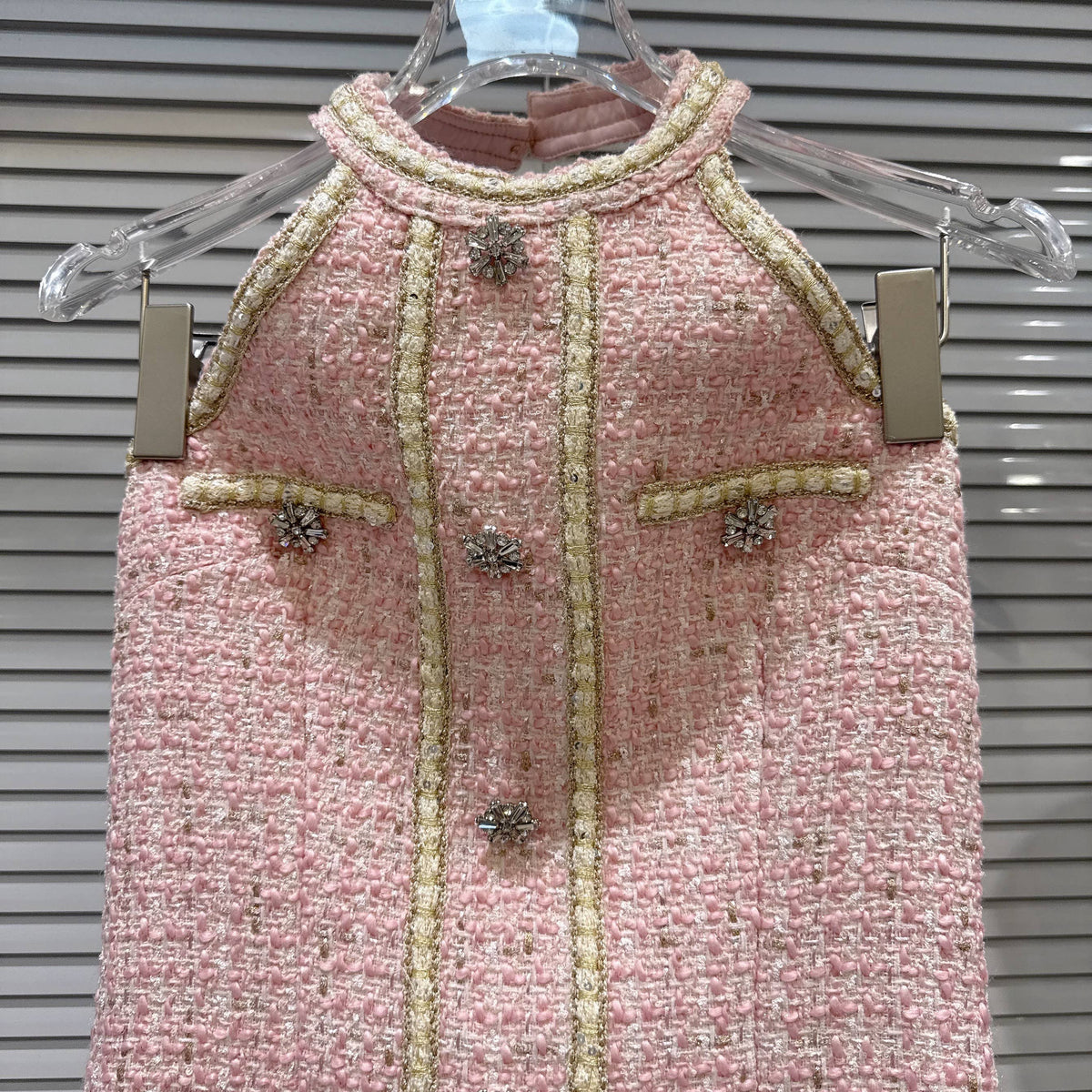 Pink Tweed Halter Mini Dress Crystal Button Chic