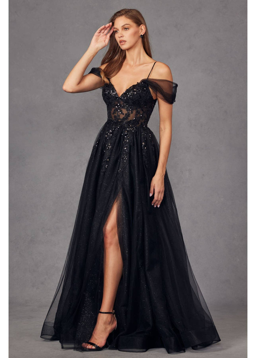 Black Sequin Corset Tulle Gown