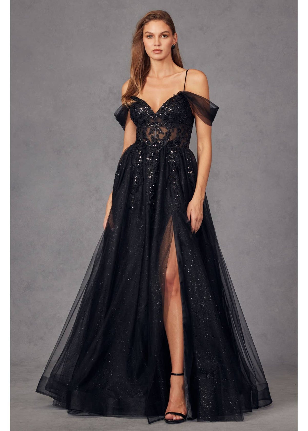Black Sequin Corset Tulle Gown