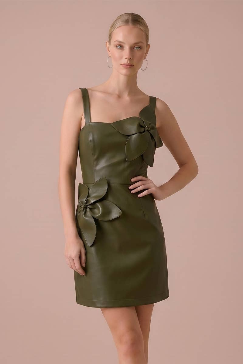 FLOWER APPLIQUE FAUX LEATHER MINI DRESS