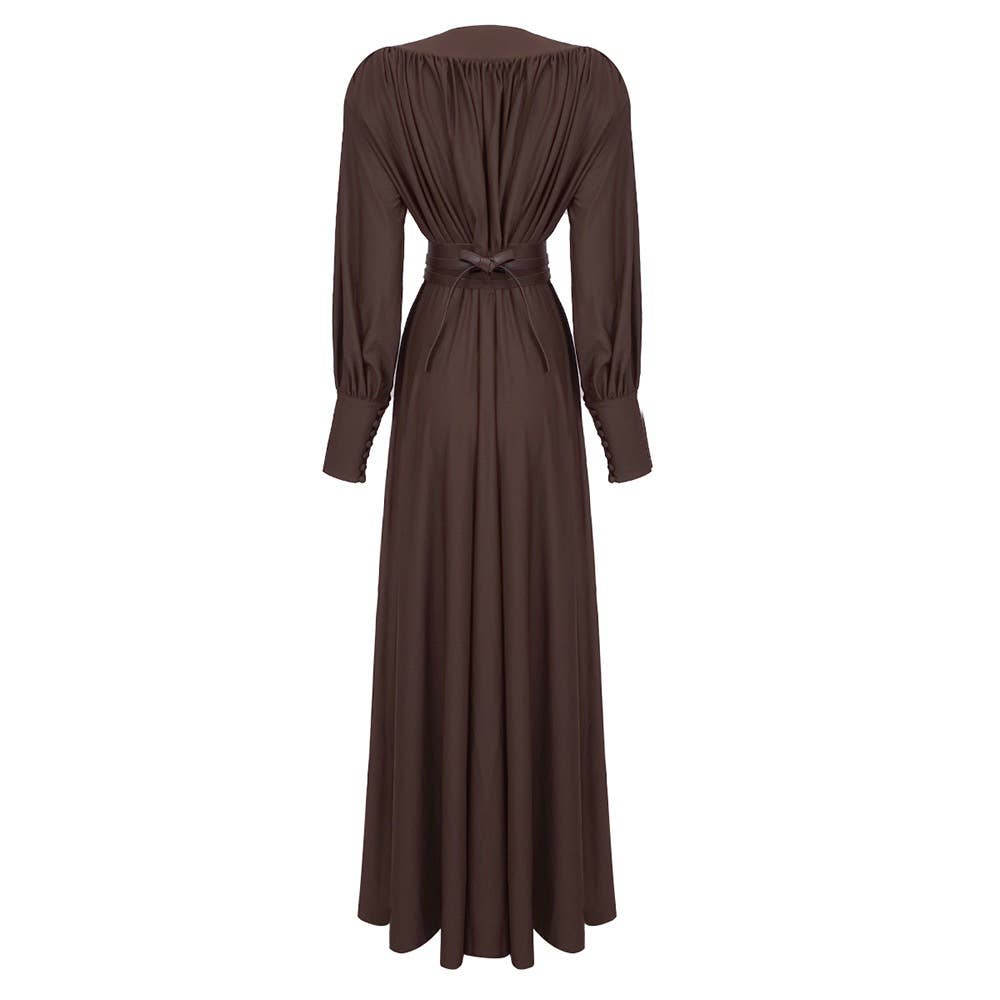 DR316 Elegant Chocolate Gathered Waist Maxi Dress